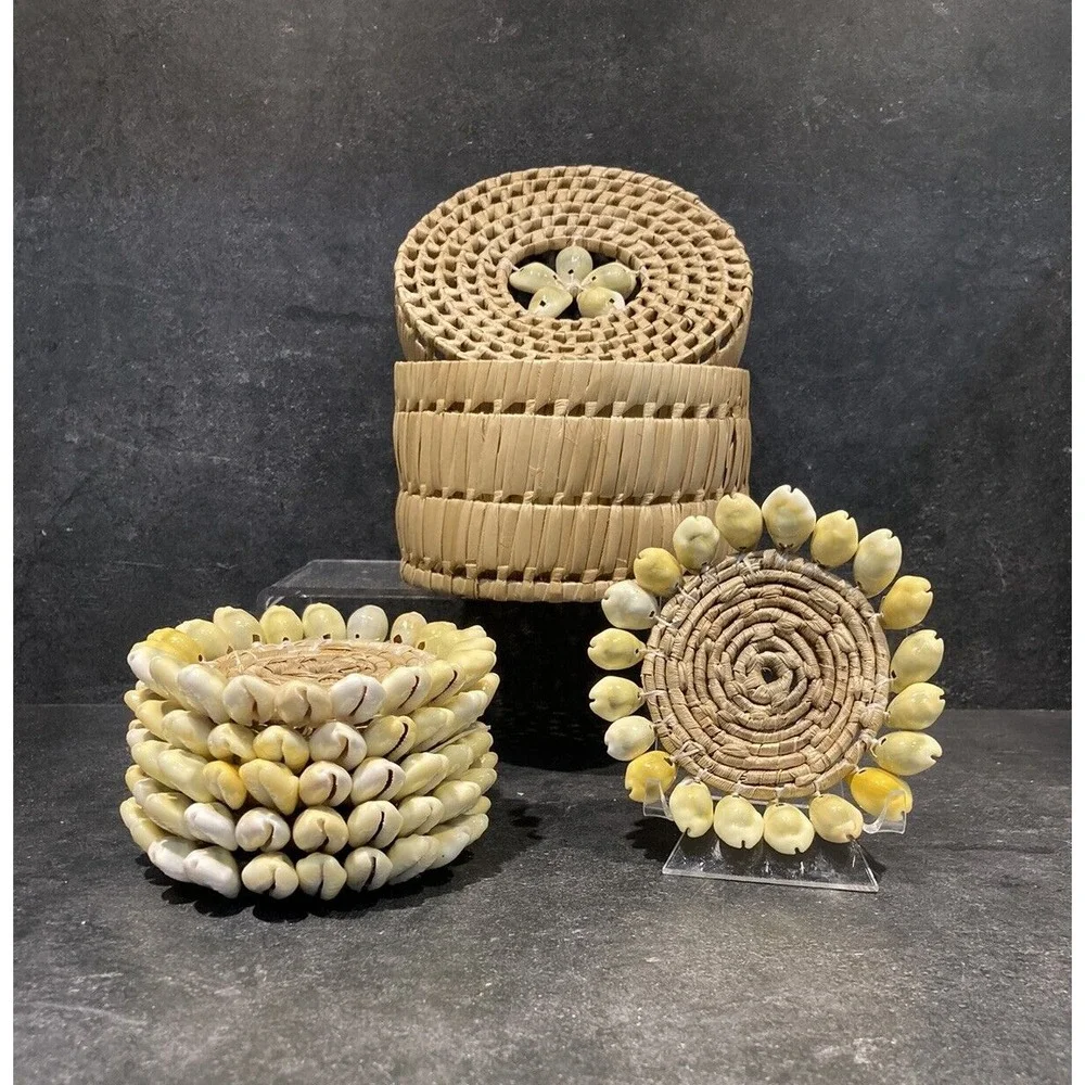 Coasters Seashells Woven Grass Basket W/lid Boho Coastal Beach Tiki Bar Set of 6